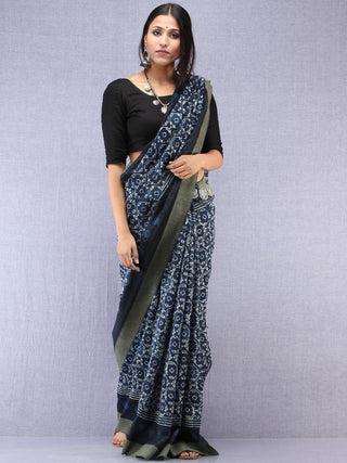 Indigo Ivory Hand Block Printed Chanderi Saree With Geecha Border - S031704506