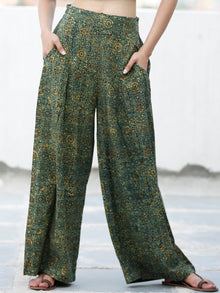Green Yellow Black Ajrakh Hand Block Printed Semi Elasticated Waist Pleated Cotton Palazzo - P11F1682