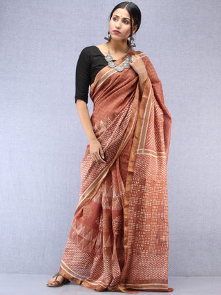 Light Brown Ivory Maheshwari Silk Hand Block Printed Saree With Zari Border - S031704481