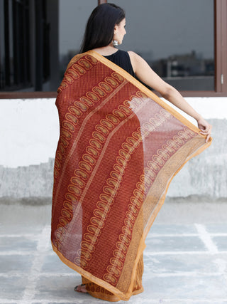 Rust Orange Maroon Black Bagh Hand Block Printed Maheswari Silk Saree With Resham Border - S031703828