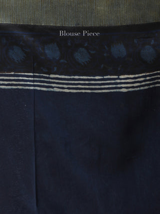 Indigo Ivory Hand Block Printed Chanderi Saree With Geecha Border - S031704506