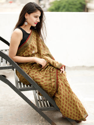 Olive Green Maroon Black Bagh Hand Block Printed Cotton Saree - S031703819