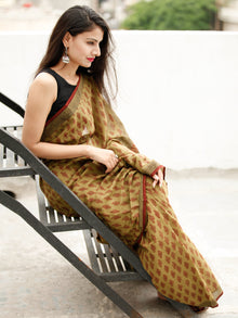 Olive Green Maroon Black Bagh Hand Block Printed Cotton Saree - S031703819