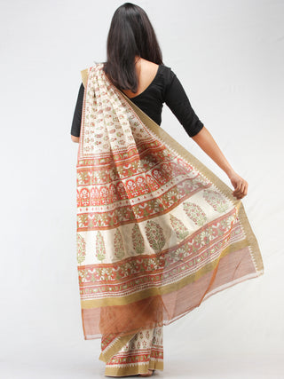 White Rosewood Green Chanderi Hand Block Printed Saree With Geecha Border - S031704457