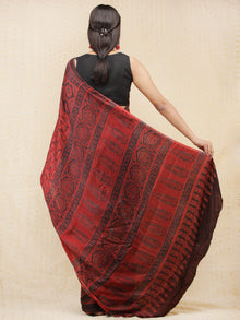 Crimson Red Black Ajrakh Hand Block Printed Modal Silk Saree - S031704152