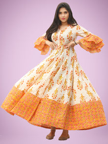 Raima - Orange Ivory Green Block Printed Panel Long Dress - D396F2047