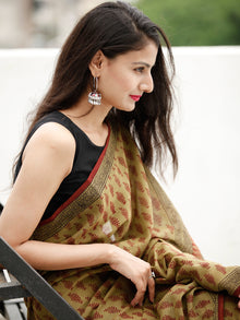 Olive Green Maroon Black Bagh Hand Block Printed Cotton Saree - S031703819