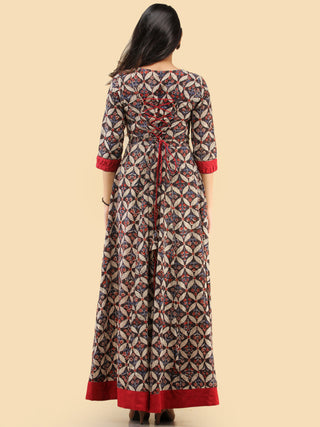 Saima - Hand Block Printed Long Cotton Dress With Back Knots  - D162F2061