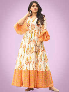 Raima - Orange Ivory Green Block Printed Panel Long Dress - D396F2047