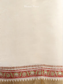 White Rosewood Green Chanderi Hand Block Printed Saree With Geecha Border - S031704457