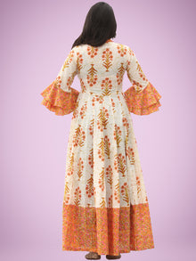 Raima - Orange Ivory Green Block Printed Panel Long Dress - D396F2047