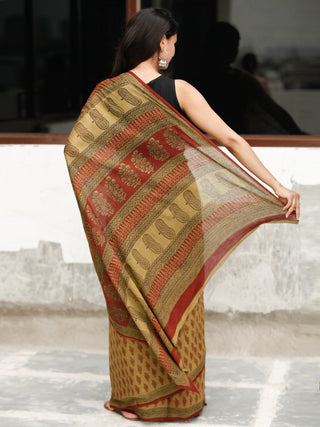 Olive Green Maroon Black Bagh Hand Block Printed Cotton Saree - S031703819