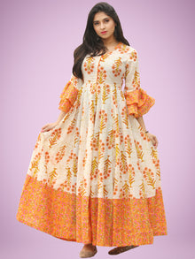 Raima - Orange Ivory Green Block Printed Panel Long Dress - D396F2047