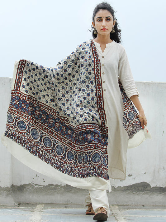 Ivory Indigo Maroon Ajrakh Hand Block Printed Modal Silk Dupatta - D04170335