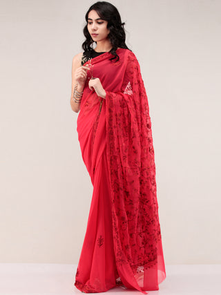 Red Aari Embroidered Georgette Saree From Kashmir - S031704661