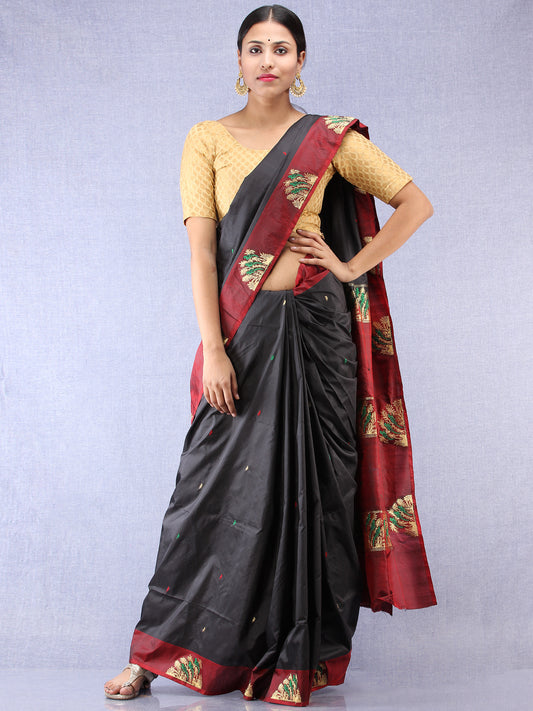 Banarasee Katan Silk Saree With Zari Work - Black Maroon Gold Green - S031704345