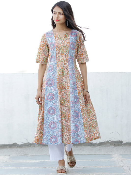 Sky Blue Pink Orange Pastel Green Hand Block Printed Cotton Kurta - K189F1917