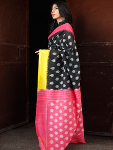 Black Pink Yellow Grey Double Ikat Handwoven Mercerised Cotton Saree - S031703670