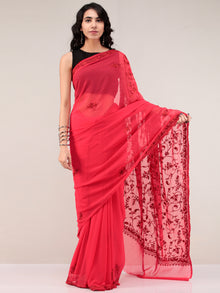 Red Aari Embroidered Georgette Saree From Kashmir - S031704661
