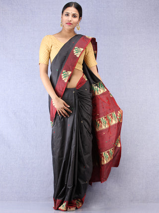 Banarasee Katan Silk Saree With Zari Work - Black Maroon Gold Green - S031704345