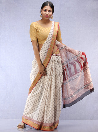 White Red Black Bagh Printed Maheshwari Cotton Saree - S031704442