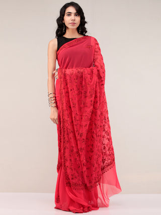 Red Aari Embroidered Georgette Saree From Kashmir - S031704661