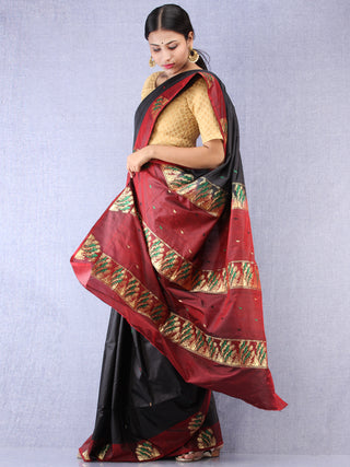 Banarasee Katan Silk Saree With Zari Work - Black Maroon Gold Green - S031704345