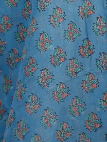 Sky Blue Coral Green Hand Block Printed Chiffon Saree with Zari Border - S031703270