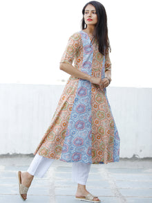 Sky Blue Pink Orange Pastel Green Hand Block Printed Cotton Kurta - K189F1917