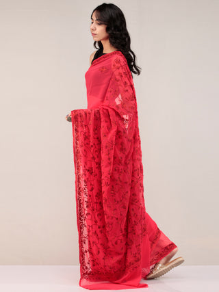 Red Aari Embroidered Georgette Saree From Kashmir - S031704661