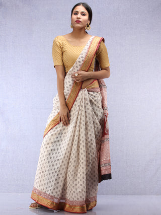 White Red Black Bagh Printed Maheshwari Cotton Saree - S031704442