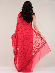Red Aari Embroidered Georgette Saree From Kashmir - S031704661