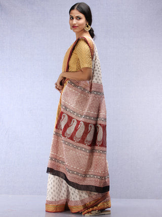 White Red Black Bagh Printed Maheshwari Cotton Saree - S031704442