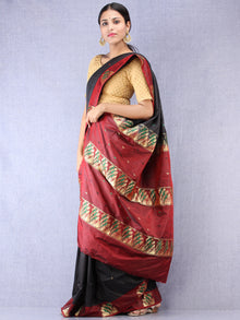 Banarasee Katan Silk Saree With Zari Work - Black Maroon Gold Green - S031704345