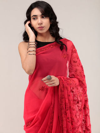 Red Aari Embroidered Georgette Saree From Kashmir - S031704661