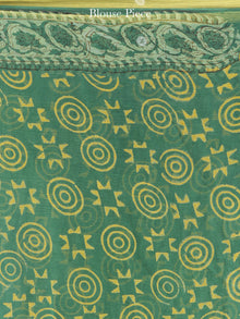Green Yellow Hand Block Printed Chiffon Saree with Zari Border - S031704619