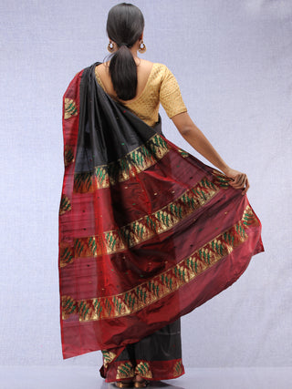 Banarasee Katan Silk Saree With Zari Work - Black Maroon Gold Green - S031704345