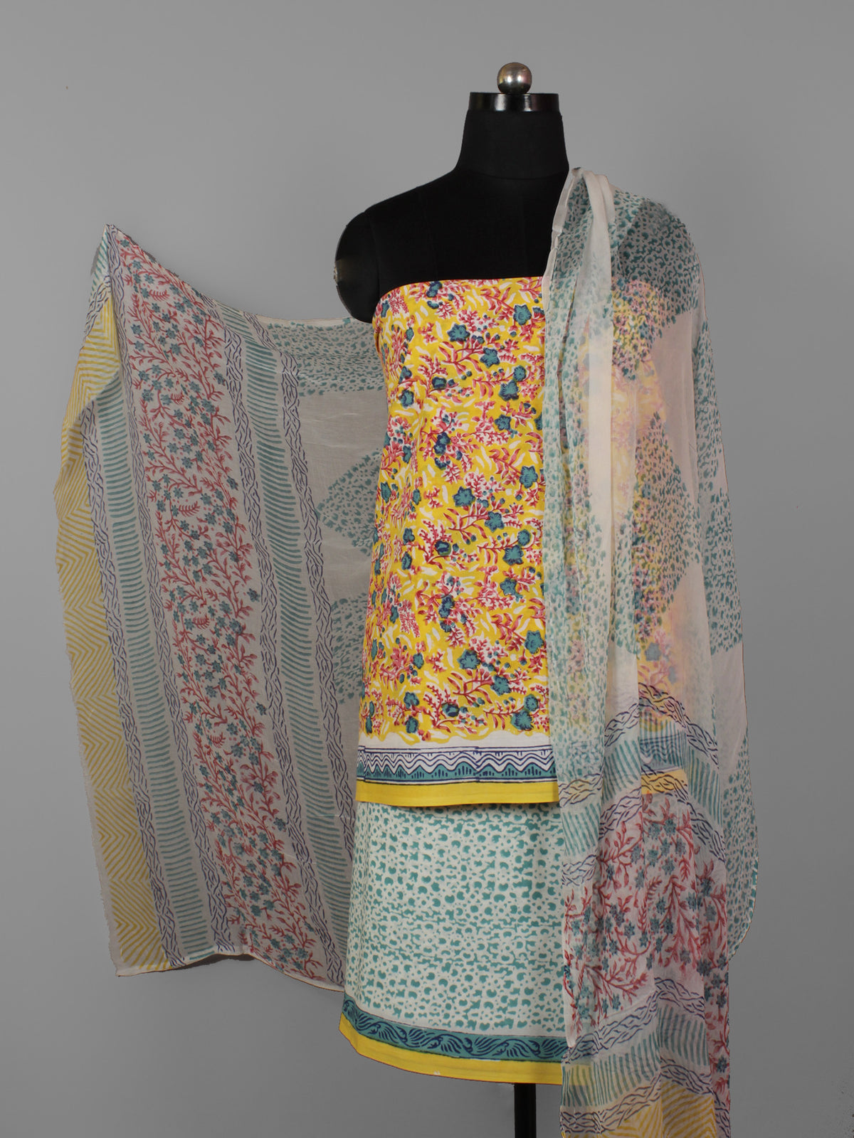 Yellow Ivory Teal Green Hand Block Printed Cotton Suit-Salwar Fabric With Chiffon Dupatta (Set of 3) - S16281315