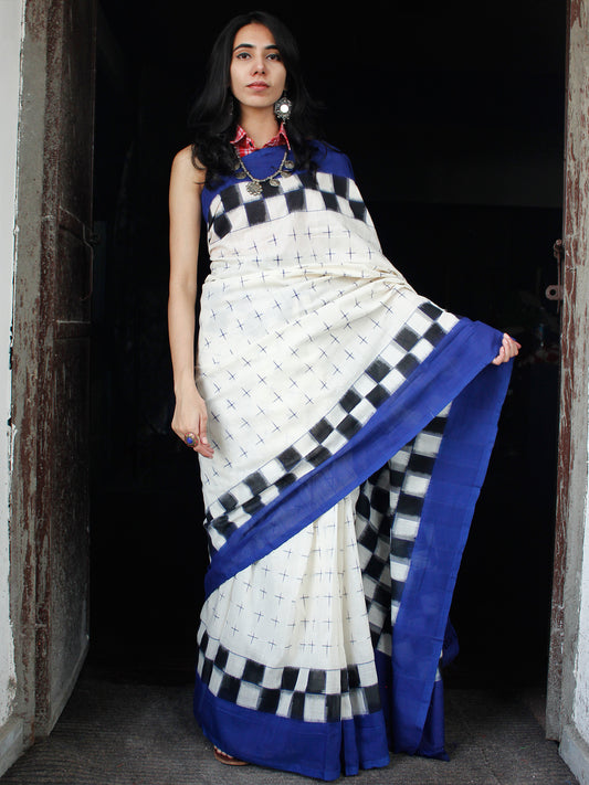 Off White Blue Double Ikat Handwoven Cotton Saree - S031703548