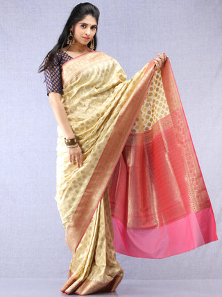 Banarasee Semi Silk Saree With Zari Border - Off White Pink & Gold  - S031704346