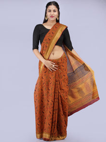 Mustard Red Black Bagh Printed Maheshwari Cotton Saree - S031704270