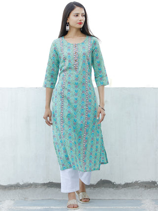 Sea Green Blue Purple Coral Hand Block Printed Cotton Kurta - K185F1896