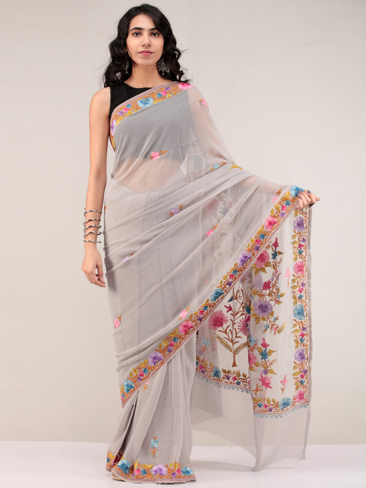 Grey Aari Embroidered Georgette Saree From Kashmir - S031704662