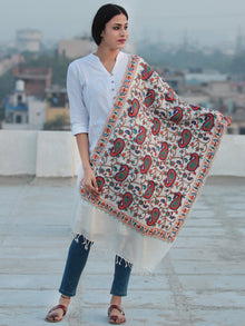White Multicolor Jamavari Aari  Embroidered Pure Wool Kashmiri Stole - S200543