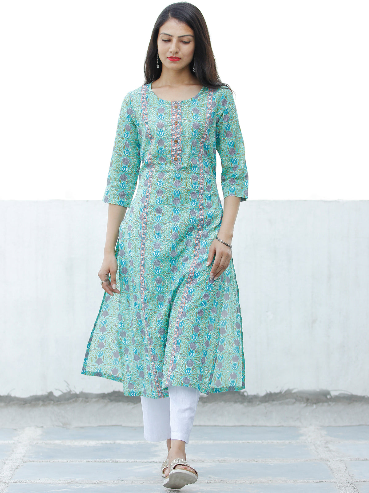 Sea Green Blue Purple Coral Hand Block Printed Cotton Kurta - K185F1896
