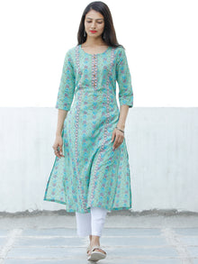 Sea Green Blue Purple Coral Hand Block Printed Cotton Kurta - K185F1896