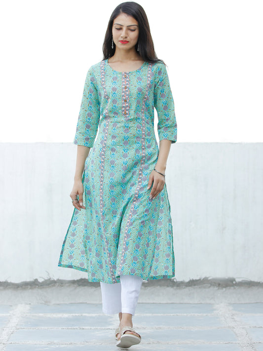 Sea Green Blue Purple Coral Hand Block Printed Cotton Kurta - K185F1896