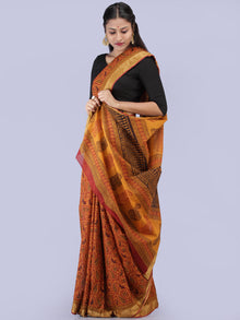 Mustard Red Black Bagh Printed Maheshwari Cotton Saree - S031704270