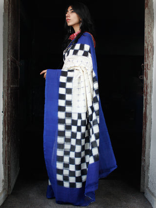 Off White Blue Double Ikat Handwoven Cotton Saree - S031703548