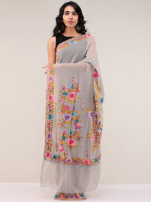 Grey Aari Embroidered Georgette Saree From Kashmir - S031704662